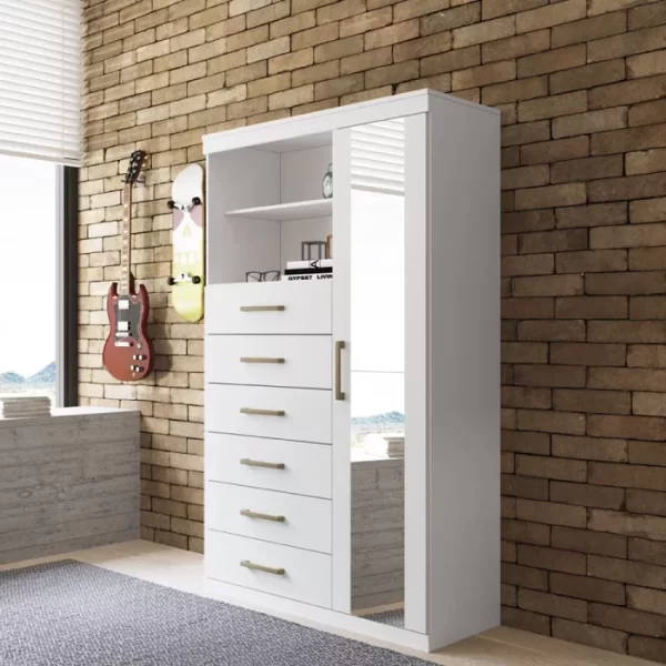 Multi-Cômoda 1 Porta 6 Gavetas Marabá com Espelho Branco