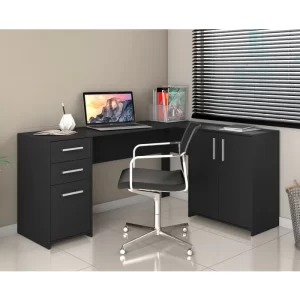 Mesa de Escritório em L 2 Gavetas 3 Portas Office Nt 2005 Preto Tx