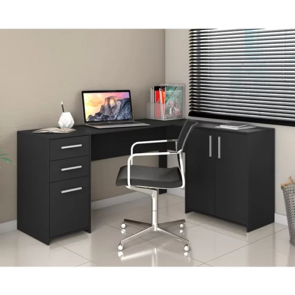 Mesa de Escritório em L 2 Gavetas 3 Portas Office Nt 2005 Preto Tx