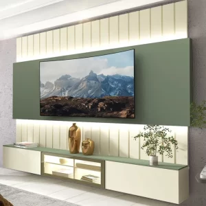 Estante Home para Tv até 85 Polegadas com Led 230cm Soberano Reflecta 100% MDF Off White/Verde Bellagio