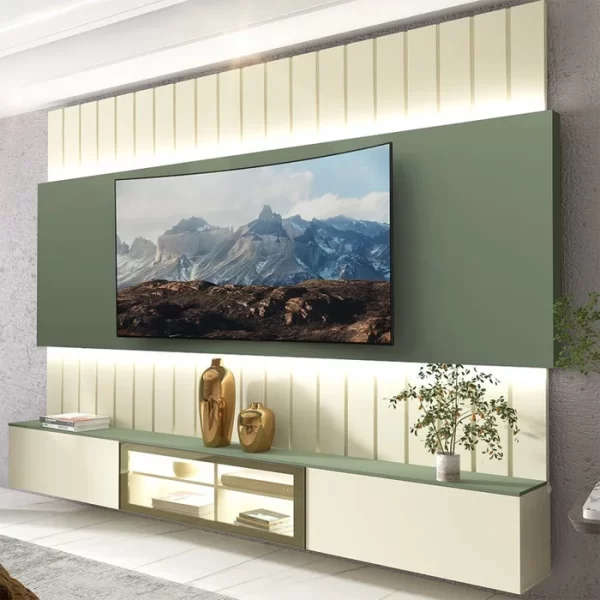Estante Home para Tv até 85 Polegadas com Led 230cm Soberano Reflecta 100% MDF Off White/Verde Bellagio