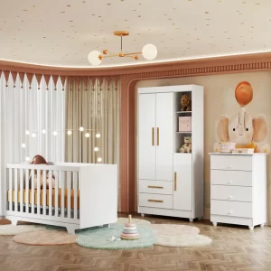 Quarto de Bebê Completo 100% MDF com Cômoda Berço e Guarda Roupa 1 MDF Nina Branco/Amadeirado