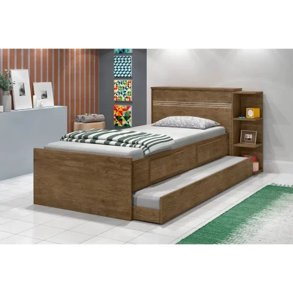 Cama Solteiro com Baú 2 Gavetas e Cama Auxiliar Jade Jequitiba