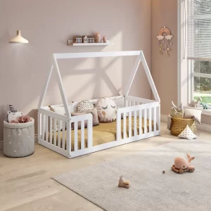 Mini Cama Montessoriana Com Grade e Telhado Giulia Casatema Branco