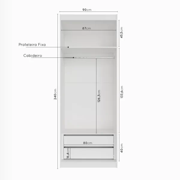 Guarda Roupa Modulado com Espelho 2 Portas com Cabideiro e 2 Gavetas Hera CabeCasa MadeiraMadeira Branco Geada/Louro - Image 2