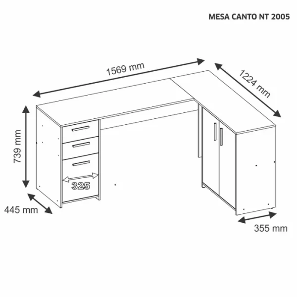 Mesa de Escritório em L 2 Gavetas 3 Portas Office Nt 2005 Preto Tx - Image 2