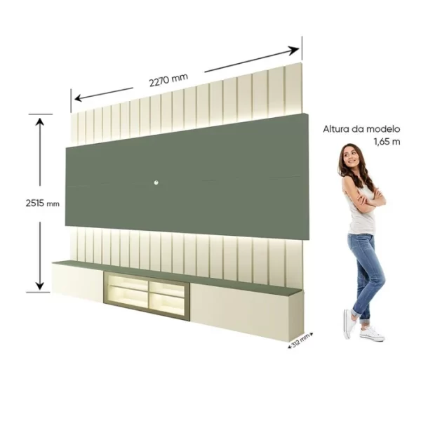 Estante Home para Tv até 85 Polegadas com Led 230cm Soberano Reflecta 100% MDF Off White/Verde Bellagio - Image 2