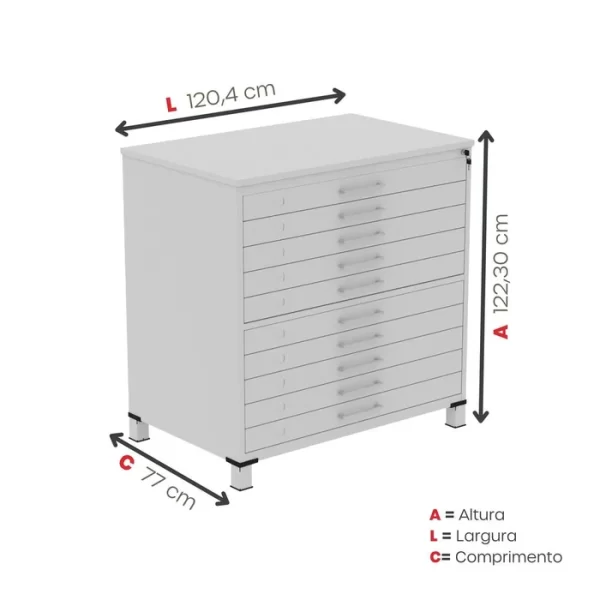 Gaveteiro Mapoteca para Escritório de Aço Fixa com 10 Gavetas Industrial Cinza - Image 2