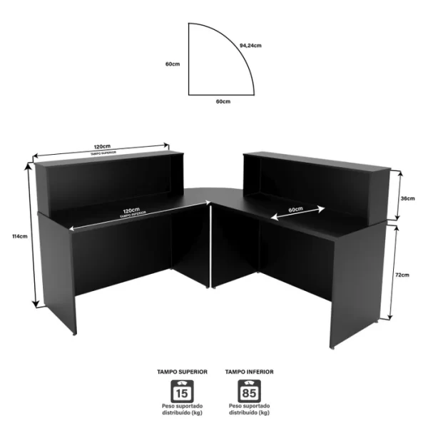 Balcão Atendimento De Canto Em L Recepção Consultório 120x60cm Preto - Imagem 2