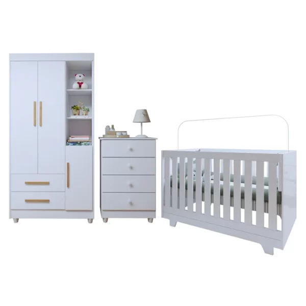 Quarto de Bebê Completo 100% MDF com Cômoda Berço e Guarda Roupa 1 MDF Nina Branco/Amadeirado - Image 2