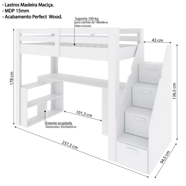 Cama Office Multifuncional Solteiro Adulto Star Plus Casatema Branco Perfect Wood - Image 2