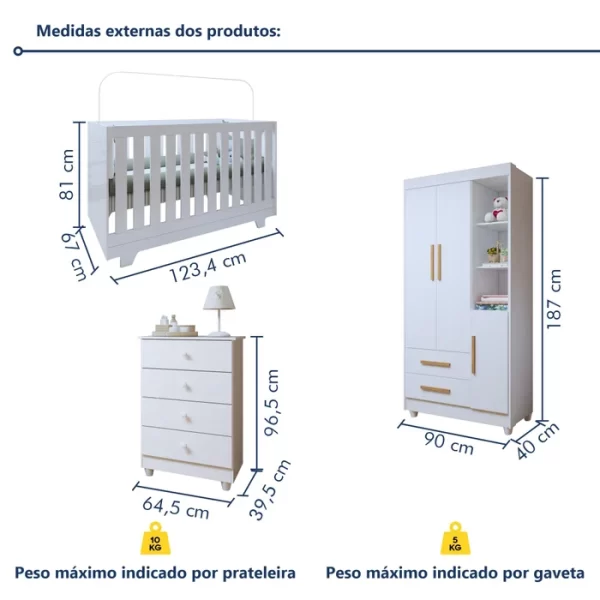 Quarto de Bebê Completo 100% MDF com Cômoda Berço e Guarda Roupa 1 MDF Nina Branco/Amadeirado - Image 3