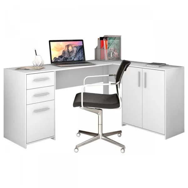 Mesa de Escritório em L 2 Gavetas 3 Portas Office Nt 2005 Branco - Image 4