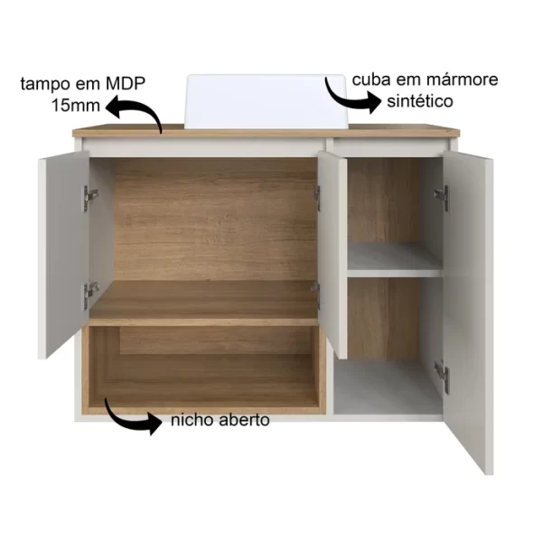 Gabinete de Banheiro Suspenso 80cm Cecília com 3 Portas e 1 Nicho com Cuba Mel/Arenas - Image 3