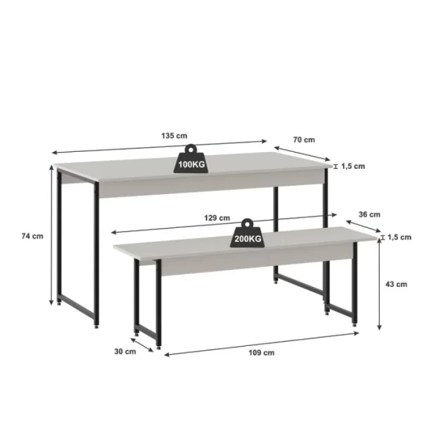 Conjunto Mesa de Jantar com 2 Bancos Estilo Industrial Active Yescasa Branco Chess - Image 2
