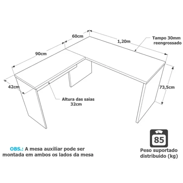Mesa De Escritório em L 120x150cm Tampo 30mm Branco - Imagem 2